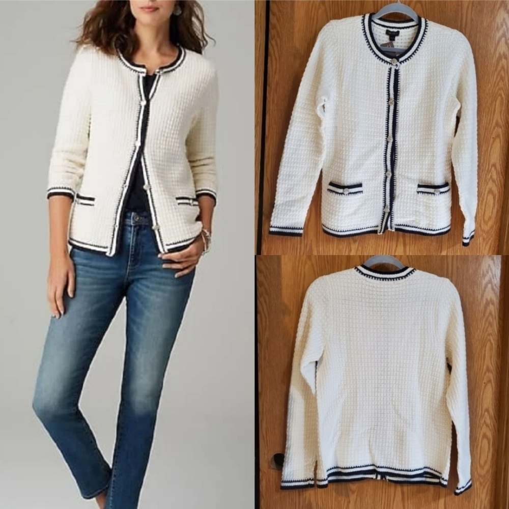 Jjill wearever collection cream/navy textured sweater jacket with pockets XS
